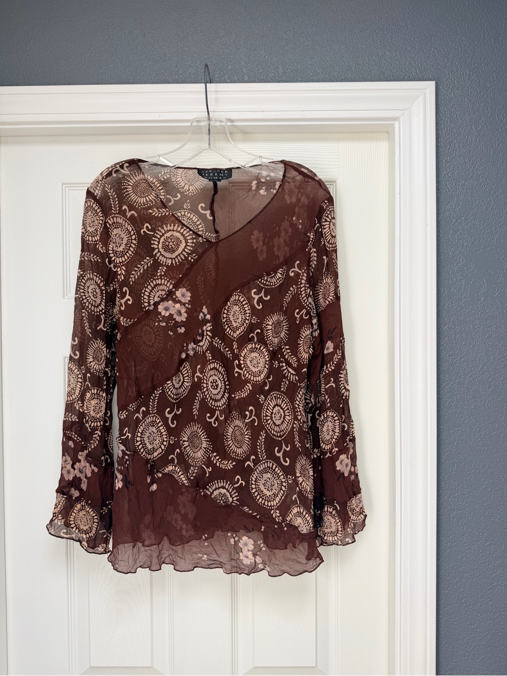 Boho Brown Printed Sheer Silk Blouse